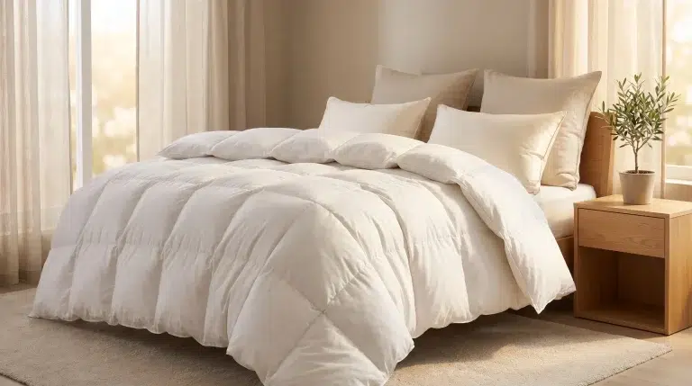 White comforter and pillows on wooden bed in sunlit bedroom with potted plant on nightstand