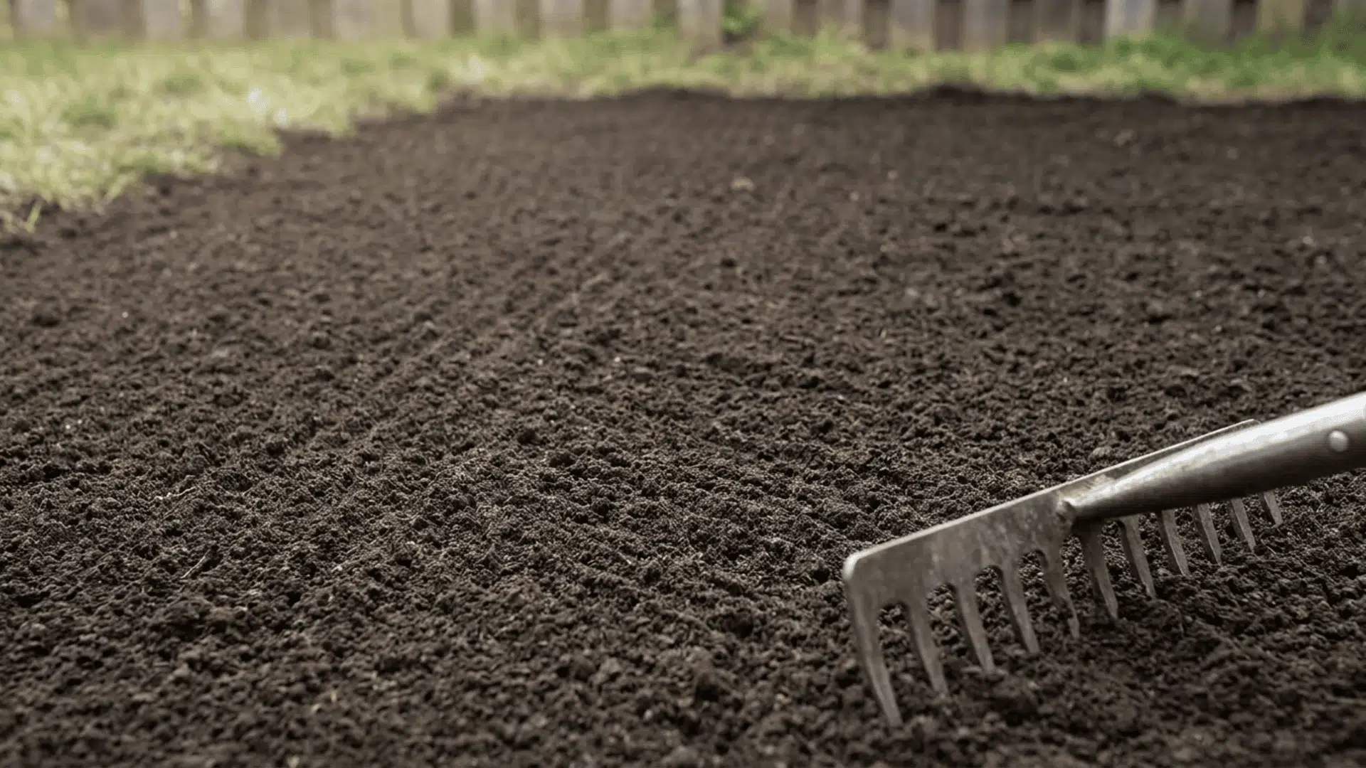 Loose soil being raked smooth after debris removal for lawn seeding preparation