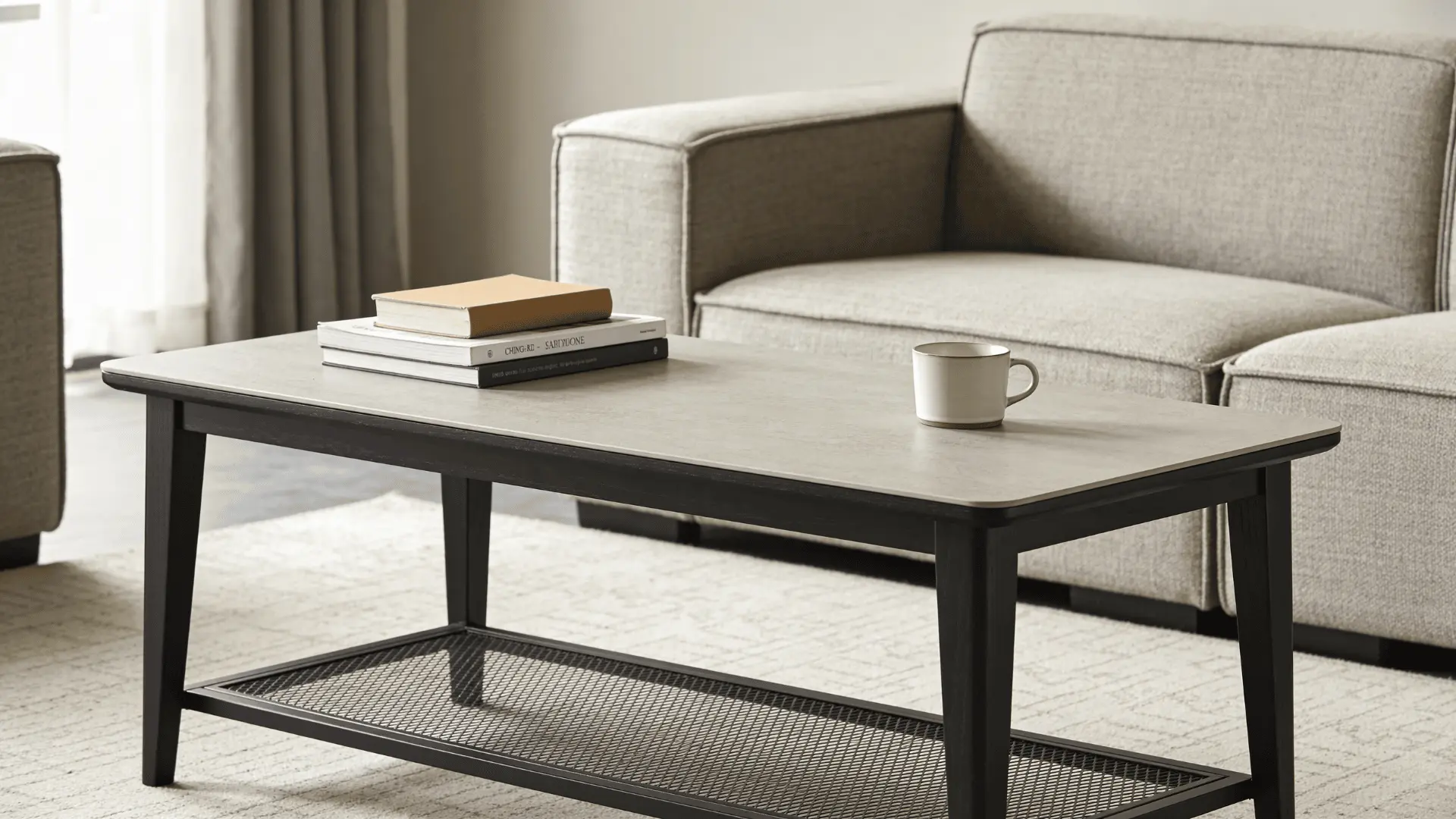 Low coffee table in front of a sofa holding books and a cup in a living room setup