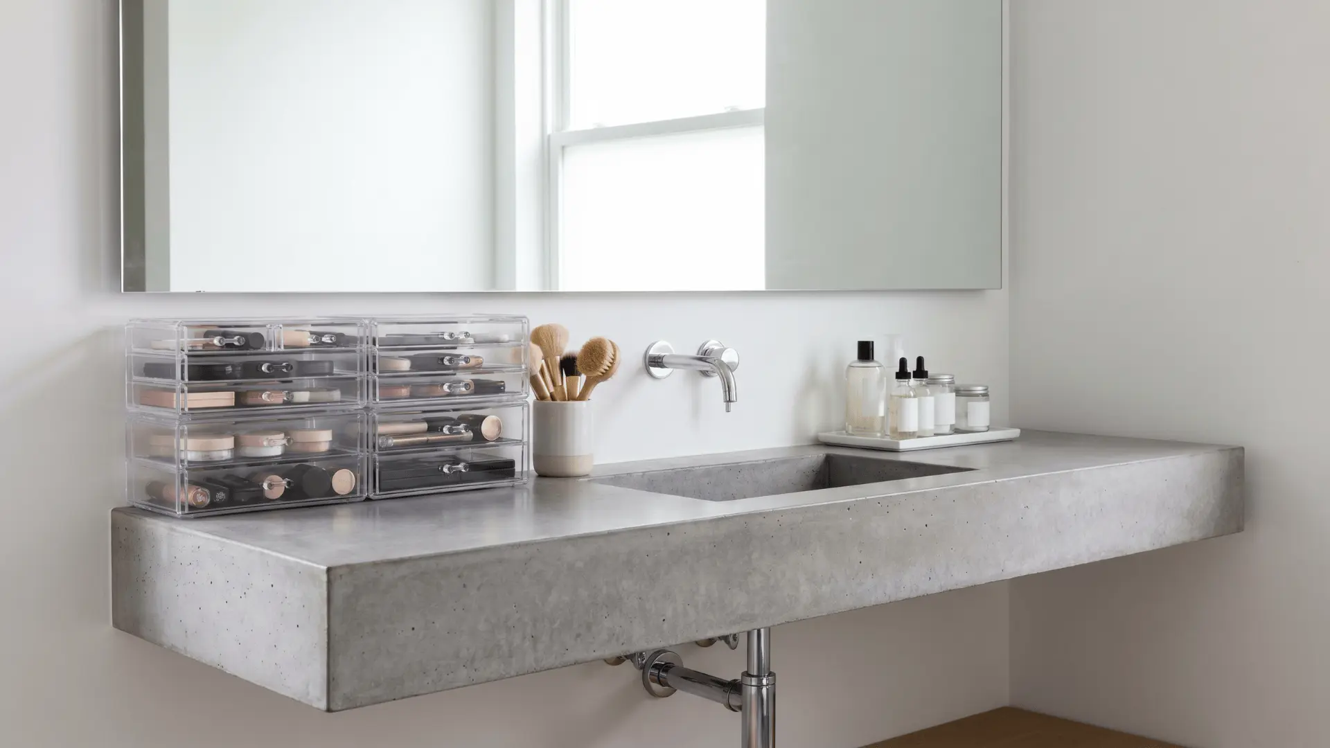 Makeup station with neatly arranged beauty products