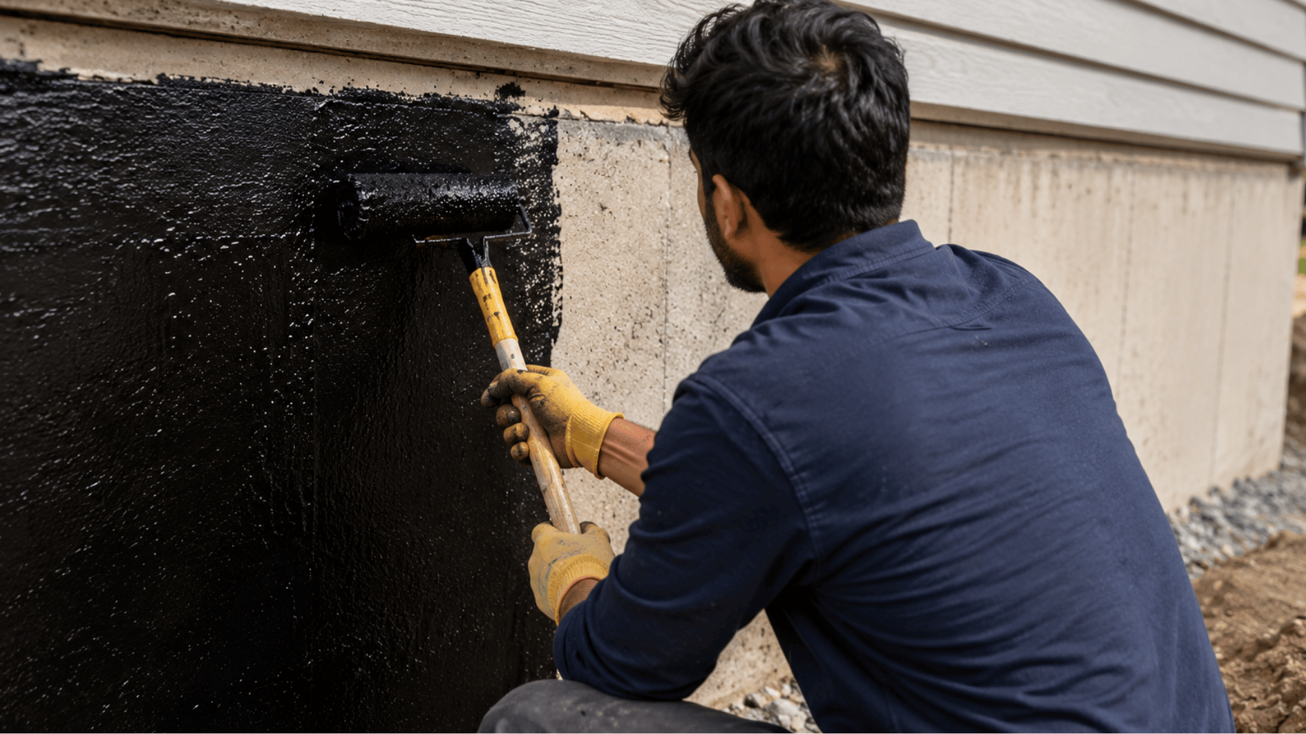 man applying waterproof coating to foundation