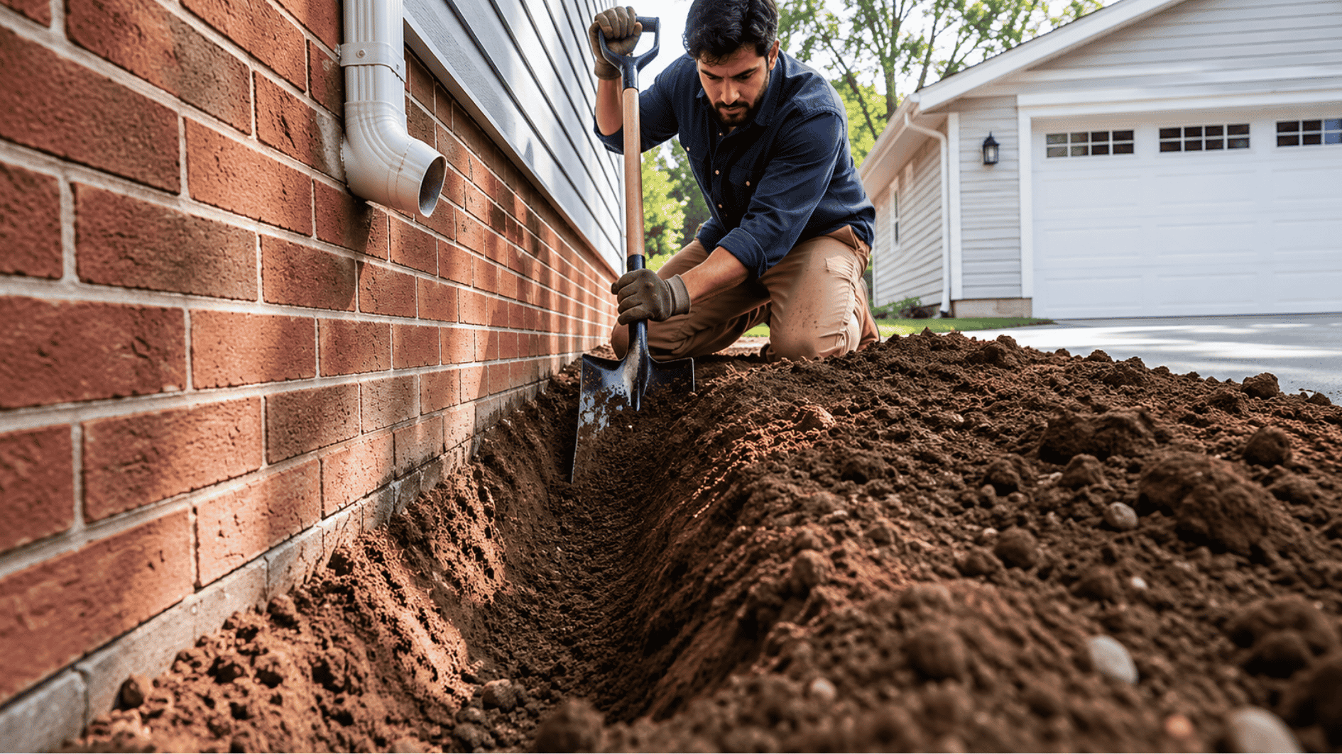 man digging soil near basement wall