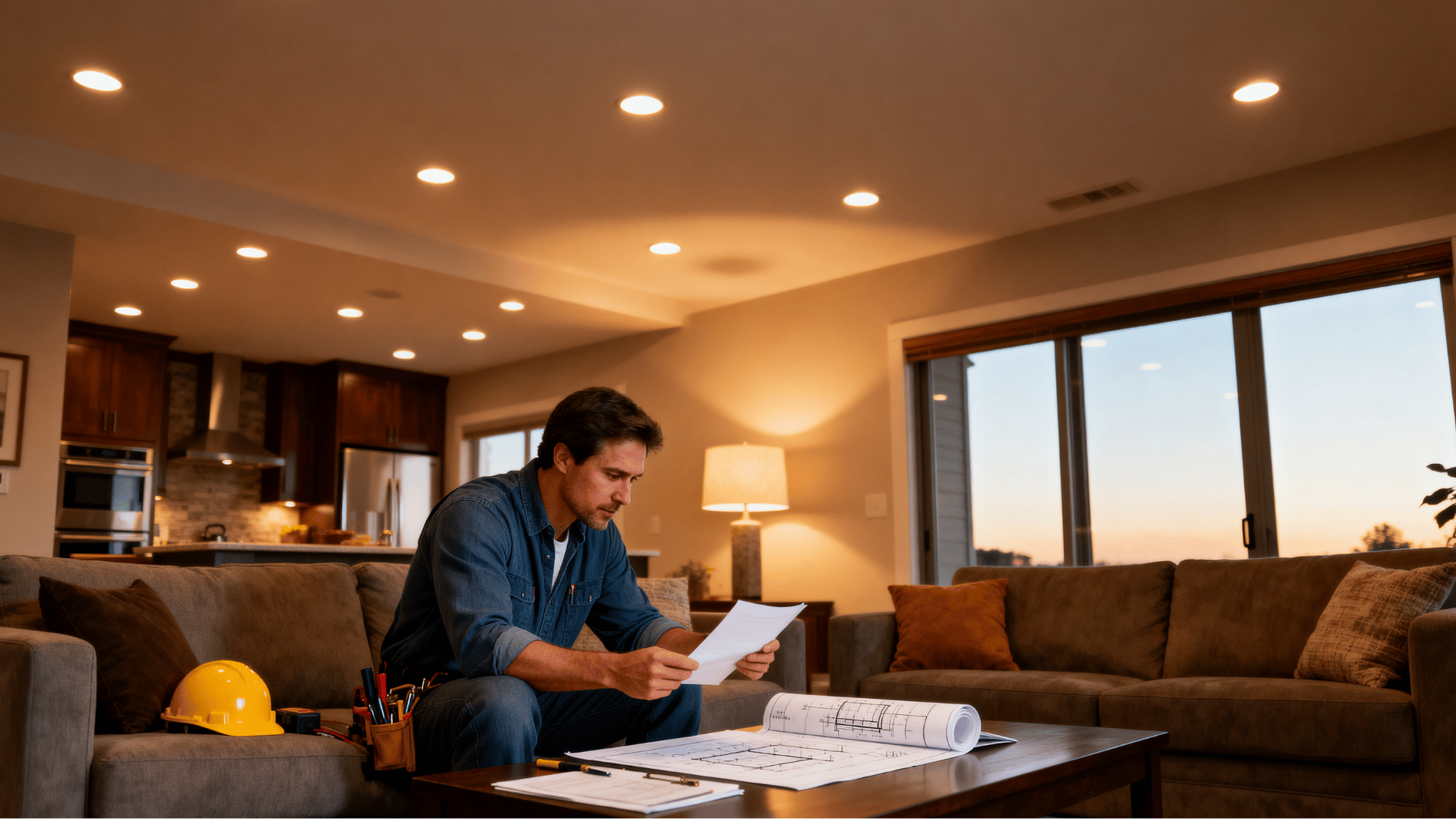 man reviewing recessed lighting installation plans in a modern living room with warm ceiling lights at sunset.