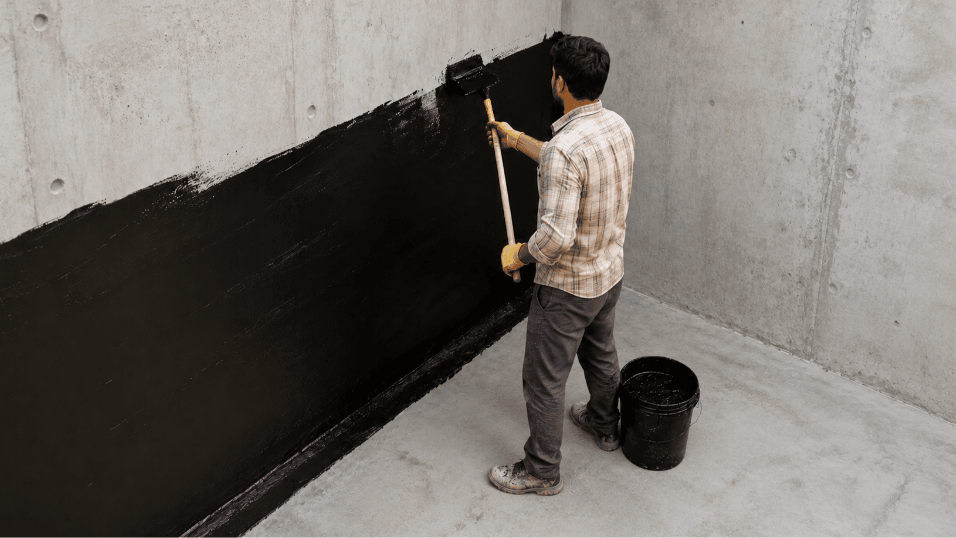 man waterproofing basement wall