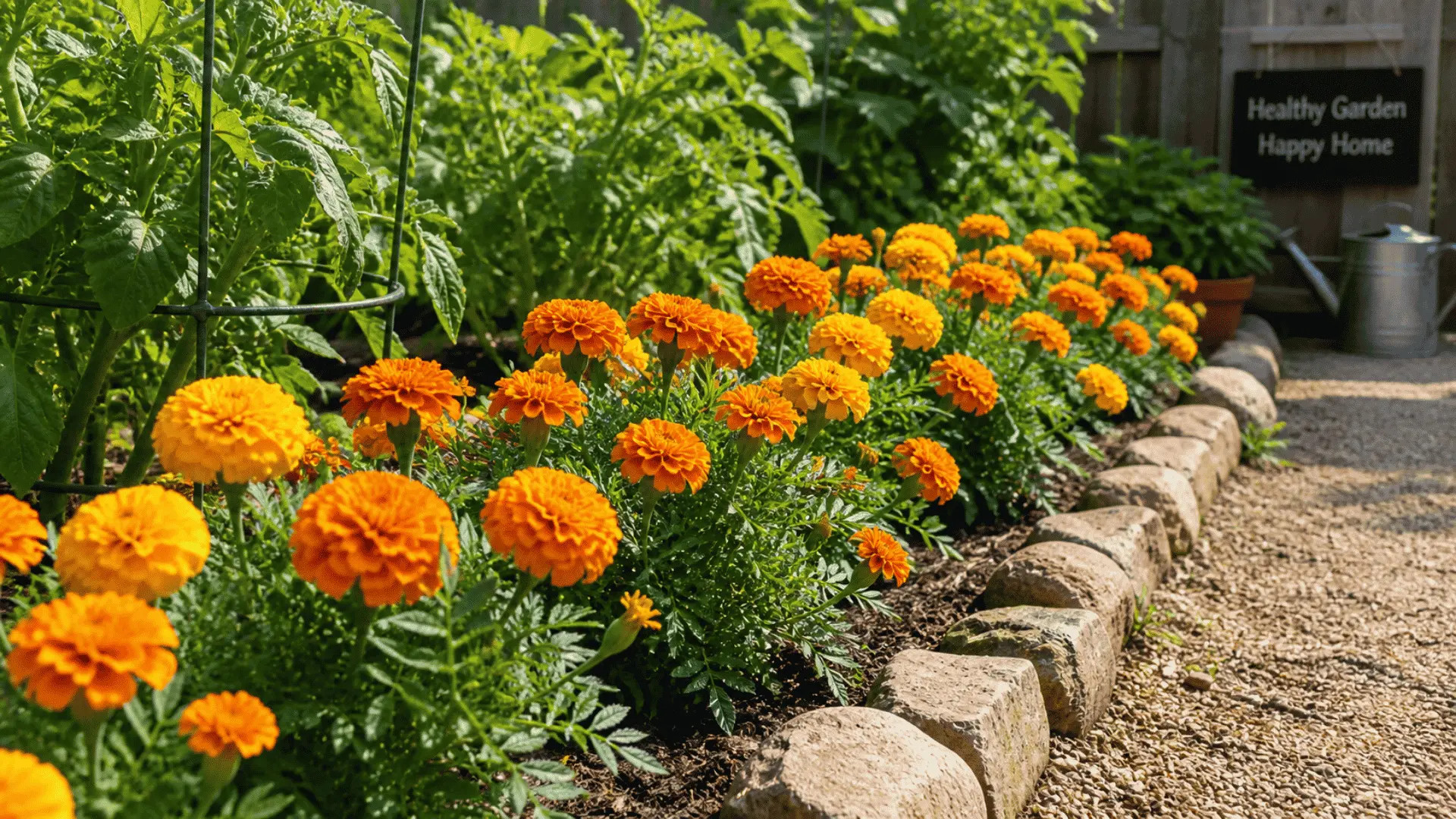 Marigold flowers planted along a garden bed border beside a stone path in bright sunlight