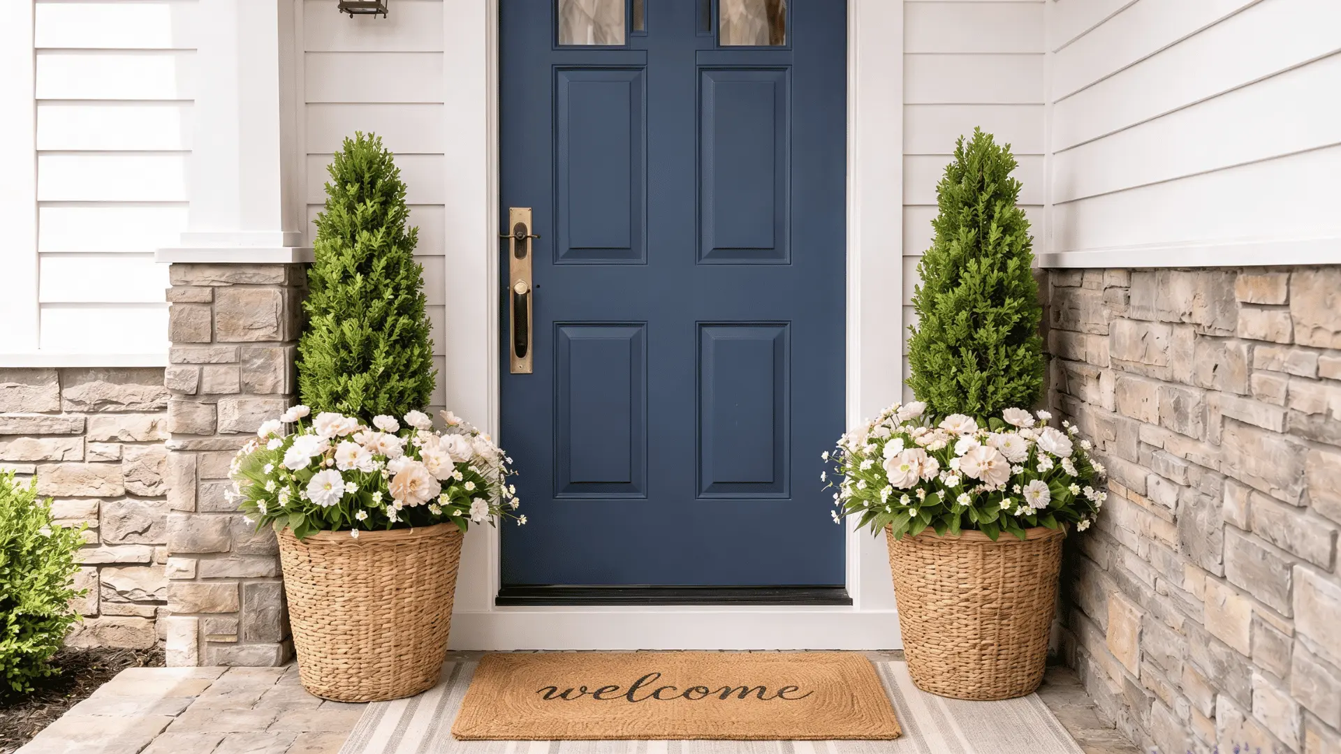 matching planters placed evenly at front door
