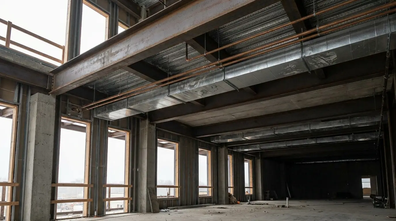 Empty construction site interior with exposed steel beams and large windows, natural light entering