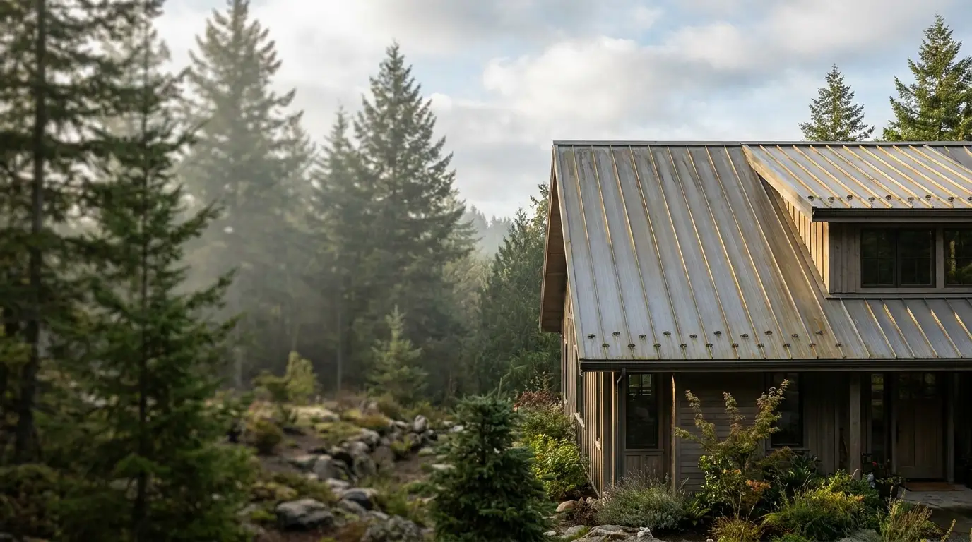 Rustic wooden cabin with metal roof surrounded by dense trees in a forest setting