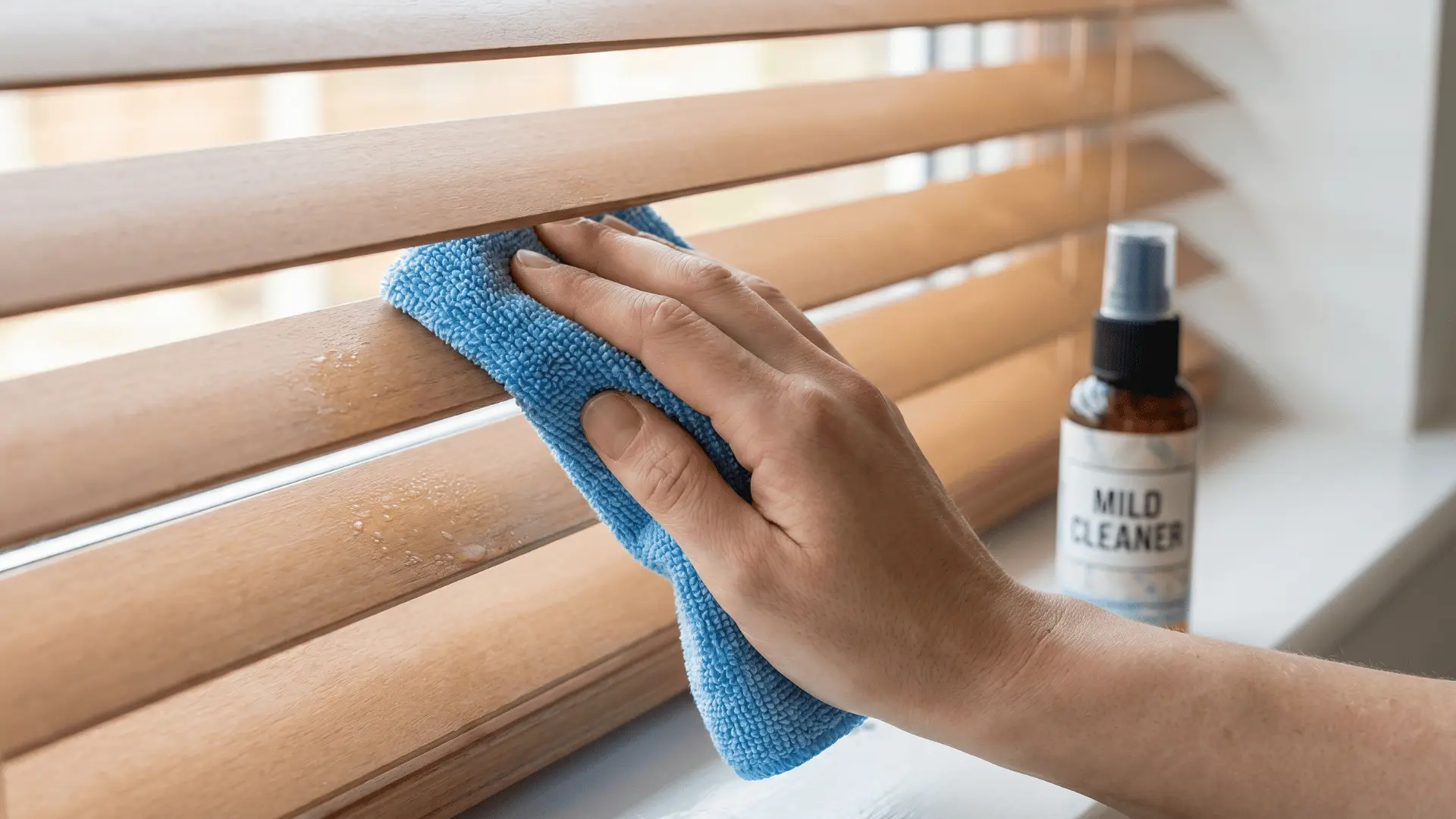 Microfiber cloth gently cleaning blinds with a mild solution, ensuring no excess moisture is applied to prevent damage, especially on wood or faux wood blinds.