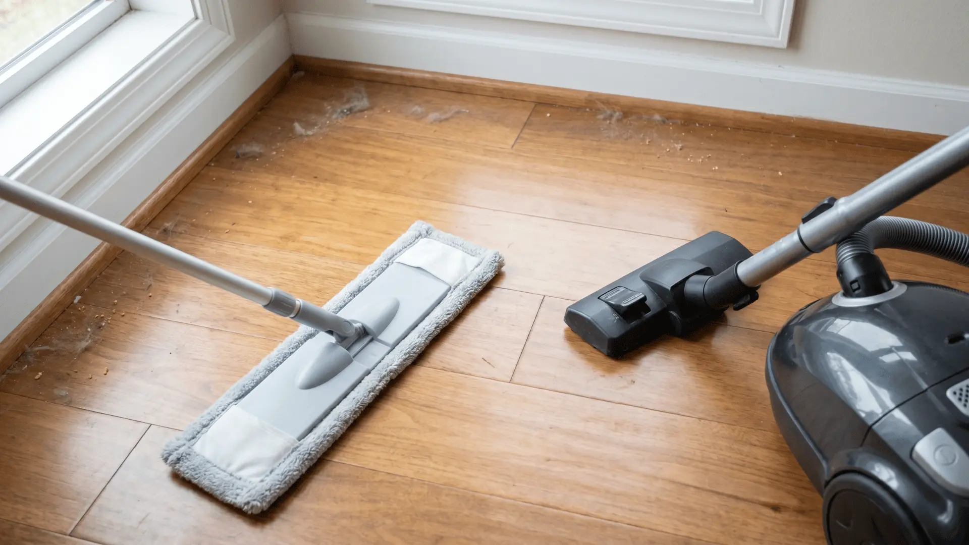 Microfiber mop and vacuum on hardwood floor with dust near edges