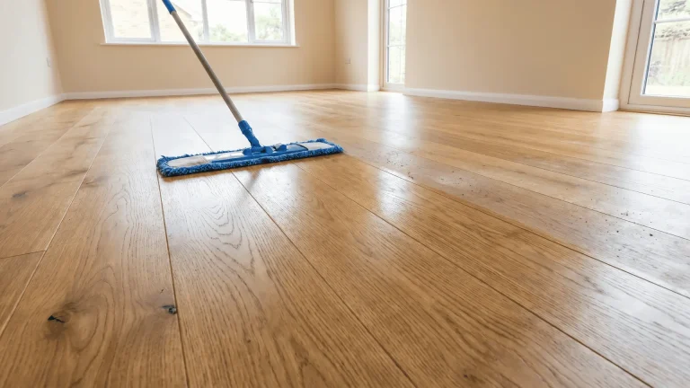 Microfiber mop cleaning hardwood floor in a room
