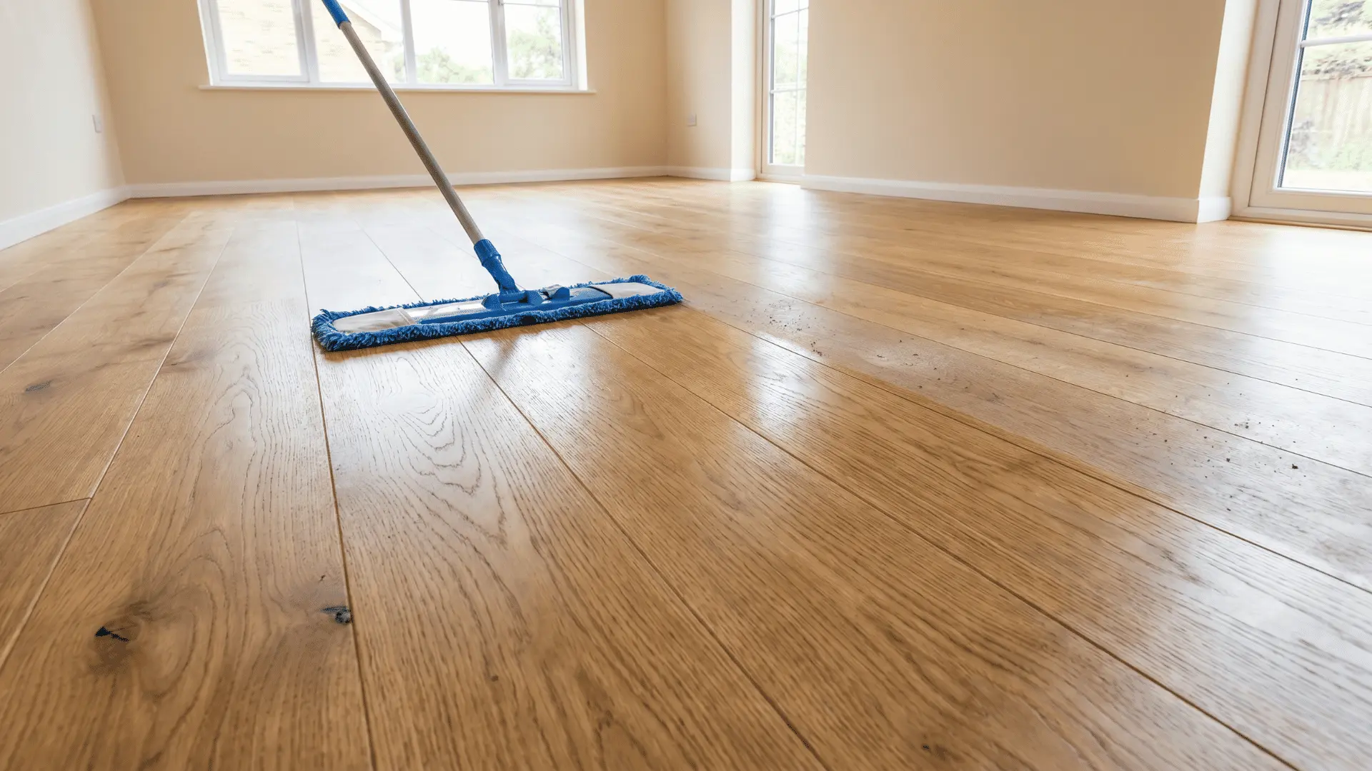 Microfiber mop cleaning hardwood floor in a room