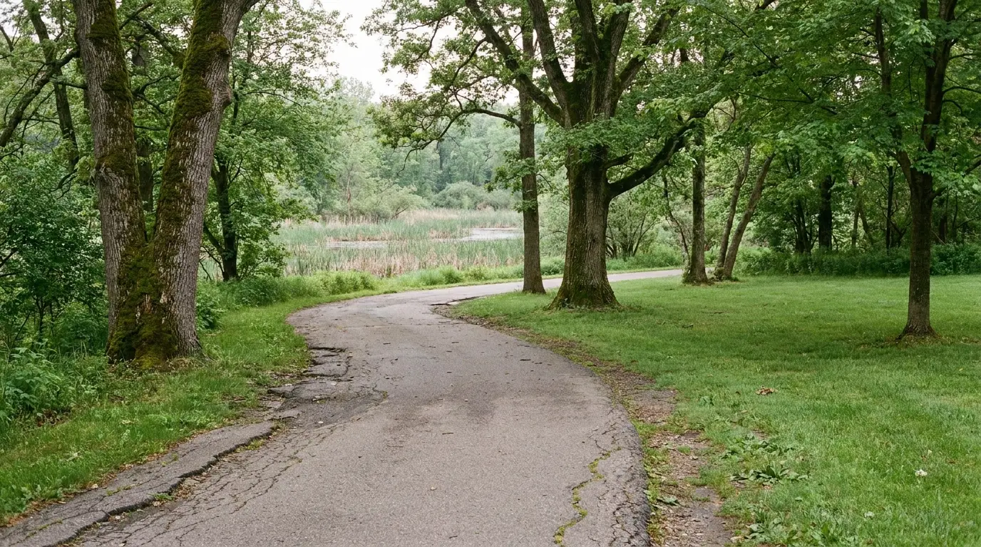 Winding pathway through lush green park with tall trees and a pond in the distance
