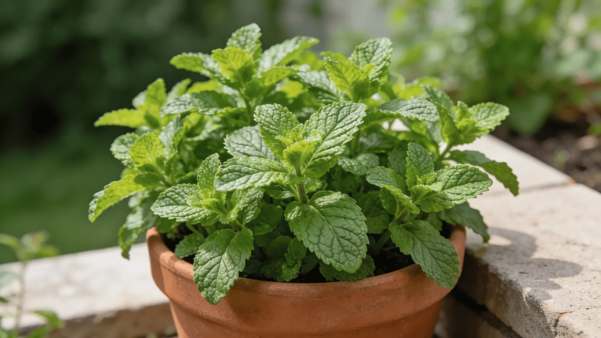 Mint plant in a pot placed near a doorway on a patio