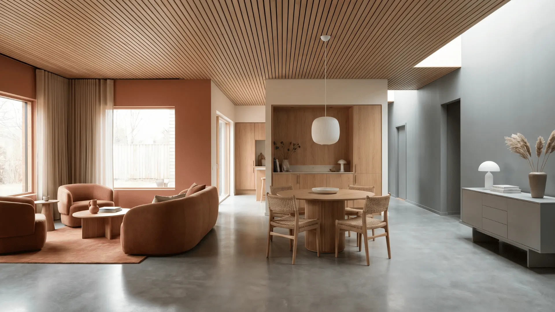 Modern interior showing smooth visual flow and connected spaces through gradual design transitions