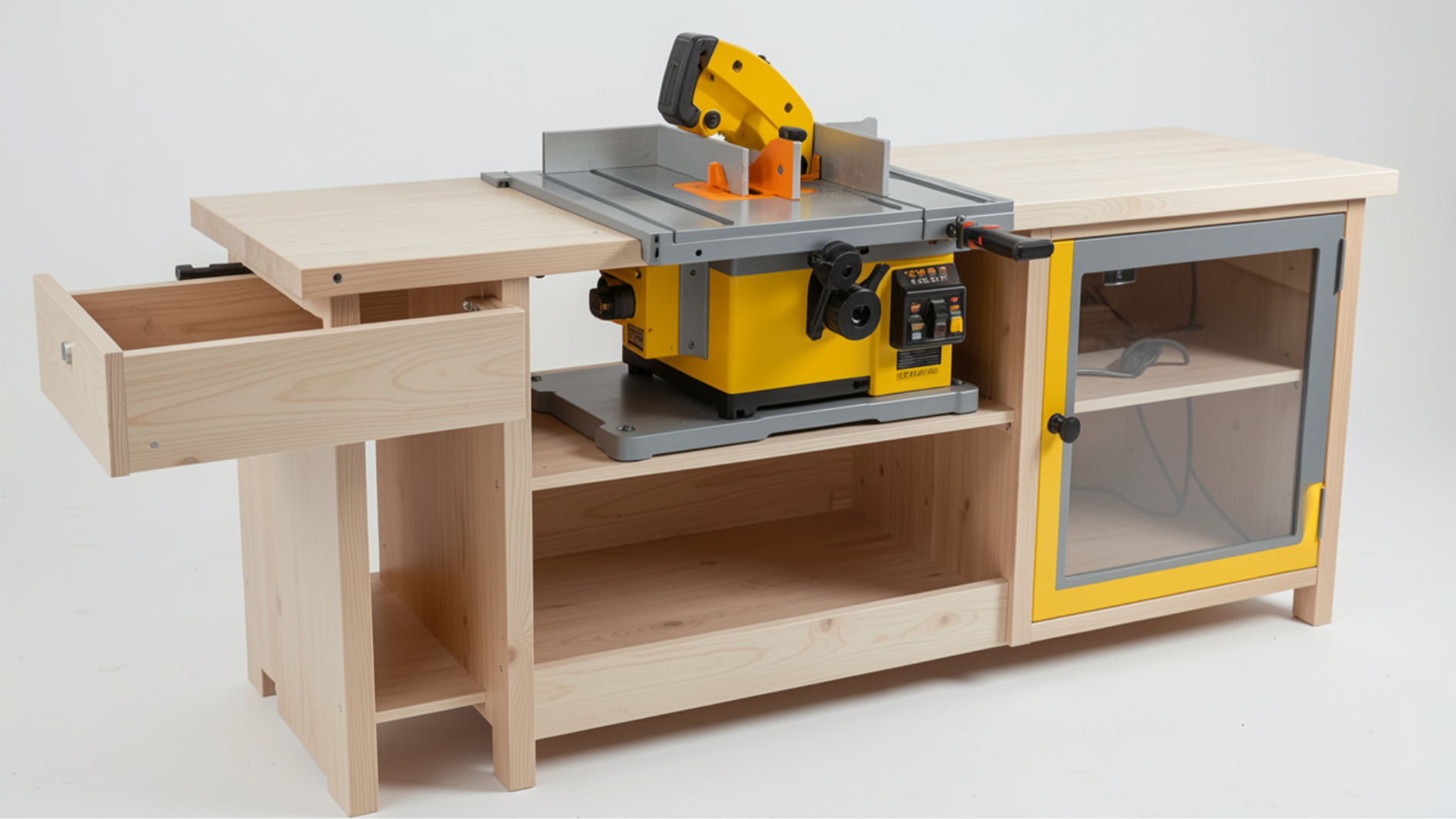 modern router table with precision fence and mounted router bit in studio lighting