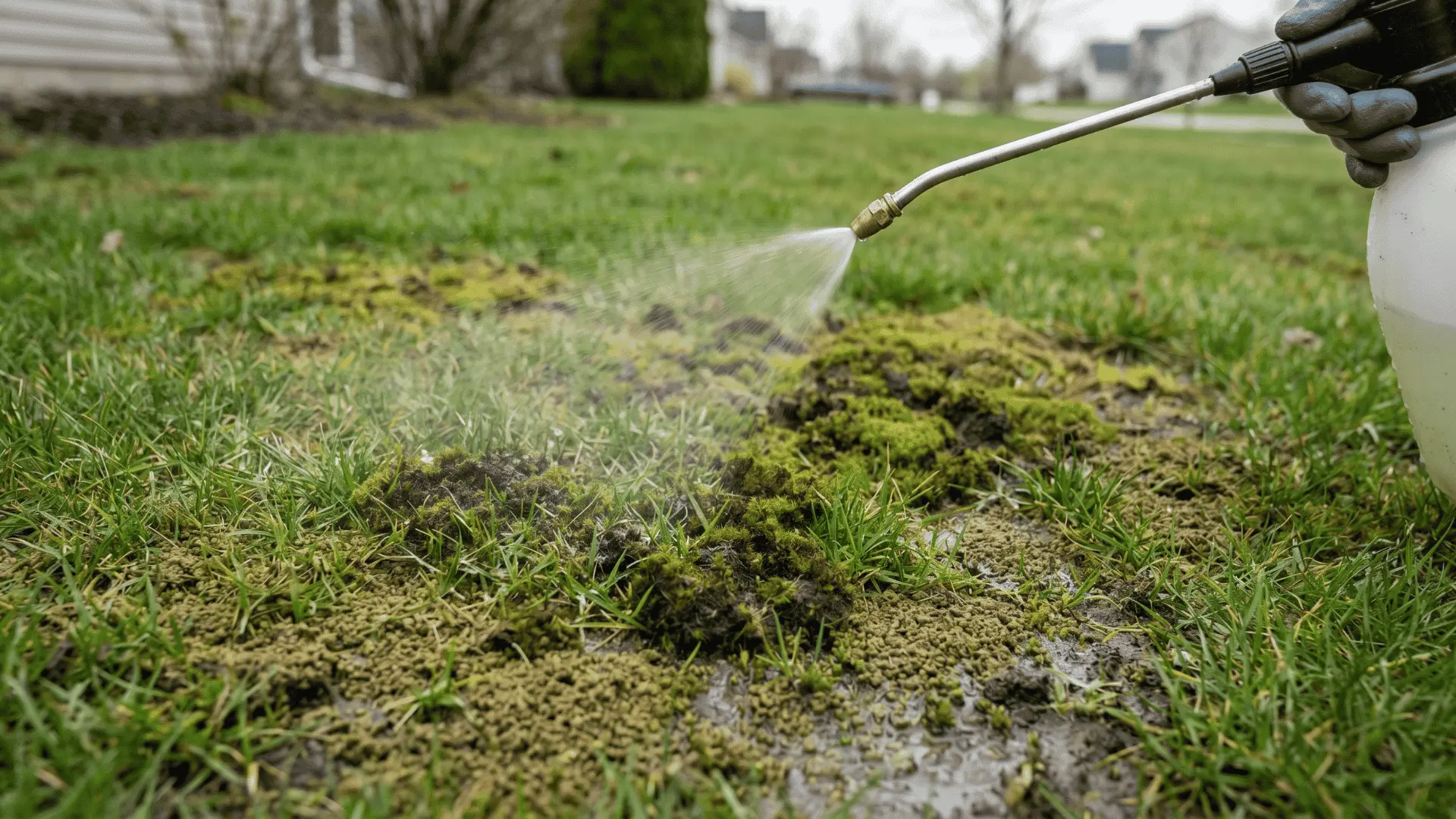 Moss treatment being applied evenly over lawn with visible moss patches