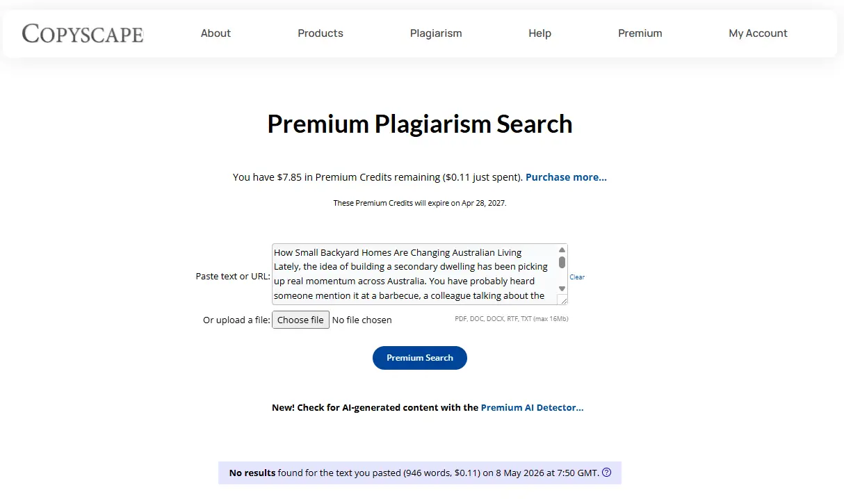 Copyscape plagiarism search interface with text input and premium search button in a web browser window