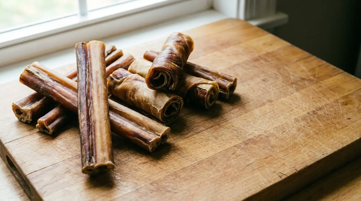 Dried beef chew sticks piled on wooden cutting board near window in natural light