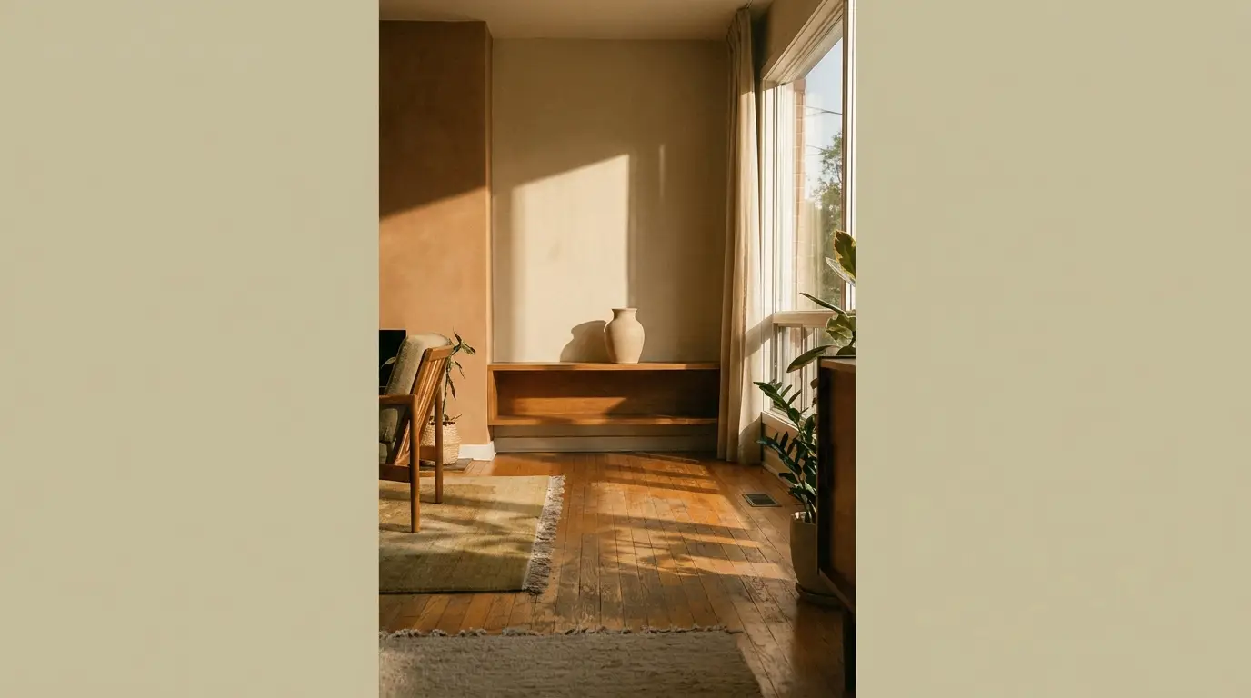 Sunny living room corner with wooden chair, beige vase on shelf, and green plants