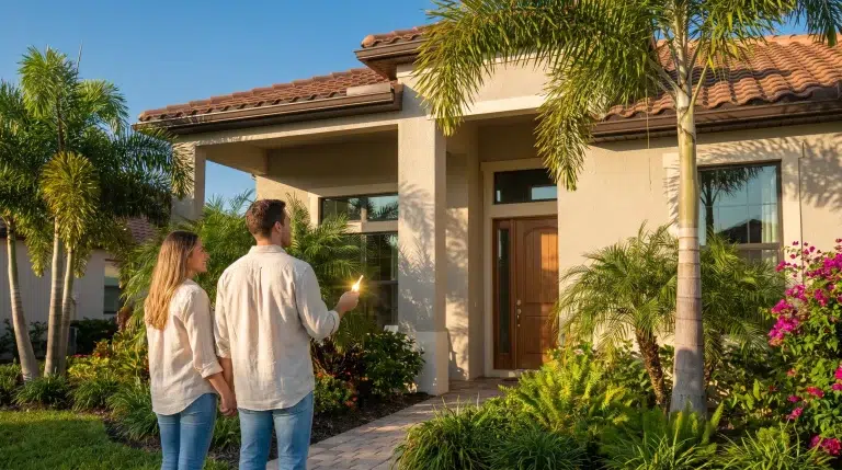 Couple holding keys in front of modern house with palm trees and garden in sunlight