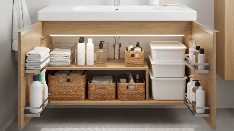 Neatly organized bathroom cabinet with bins, trays, and storage racks