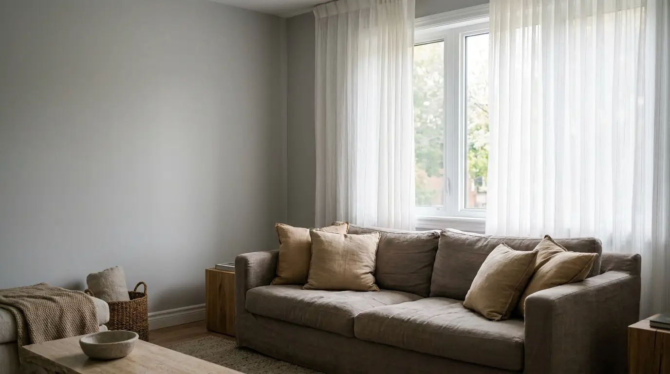 Beige sofa with pillows in bright living room with large window and sheer curtains