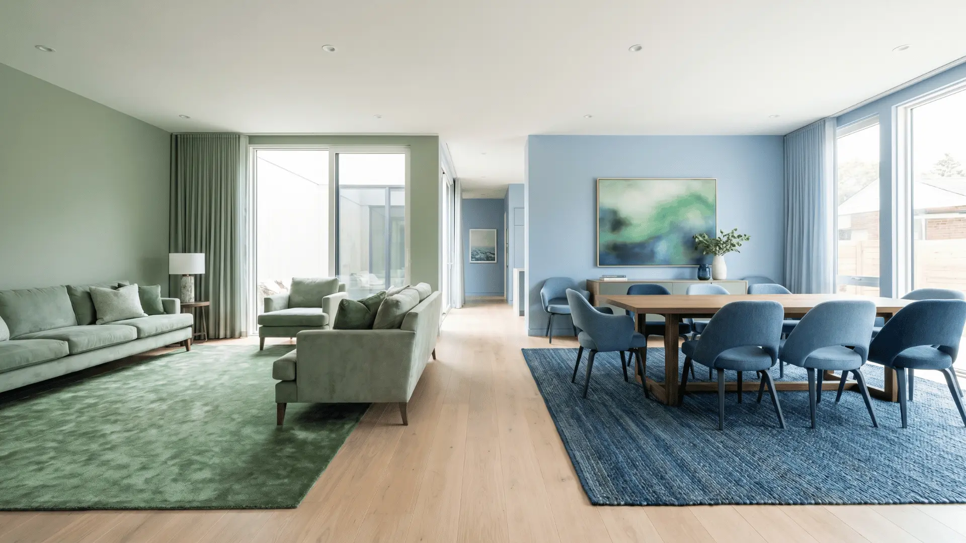 Open space with green tones blending into blue across connected living and dining areas