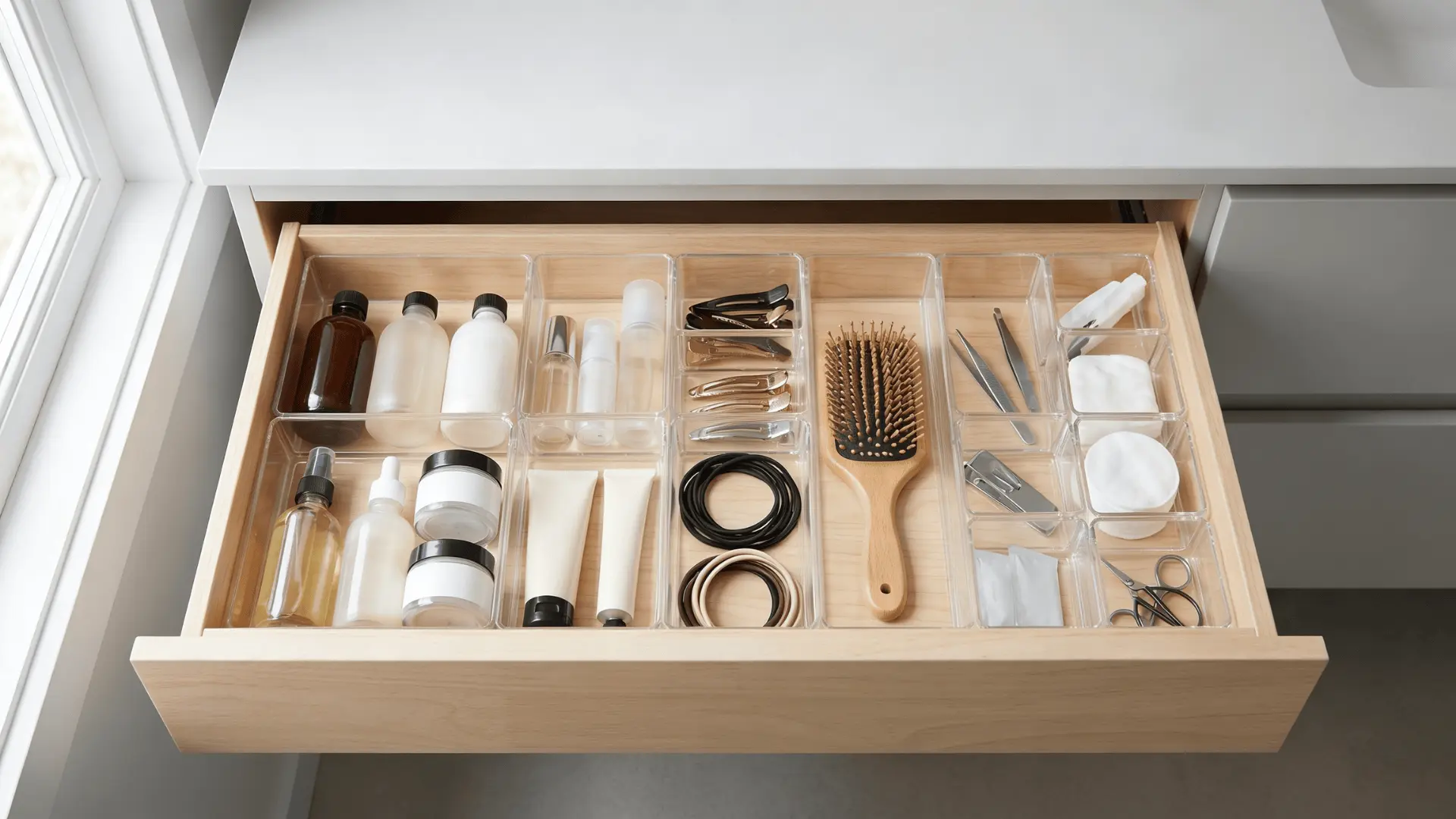 Organized bathroom drawer with daily items in sections