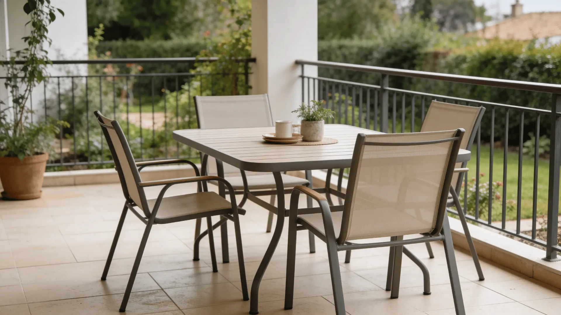Outdoor patio table with chairs placed in a garden or balcony setting