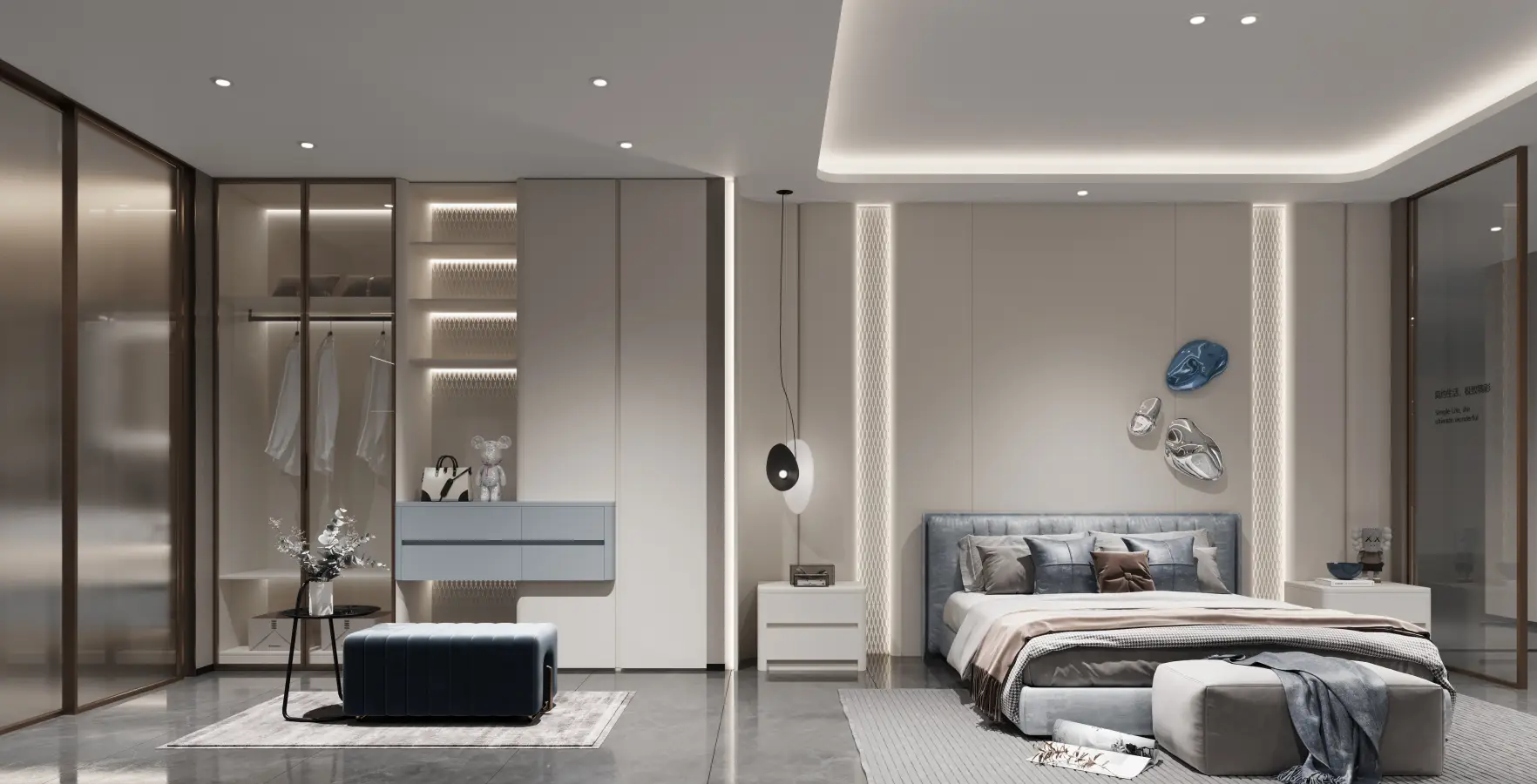Luxurious modern bedroom with blue accents, glass closet doors, and ambient lighting