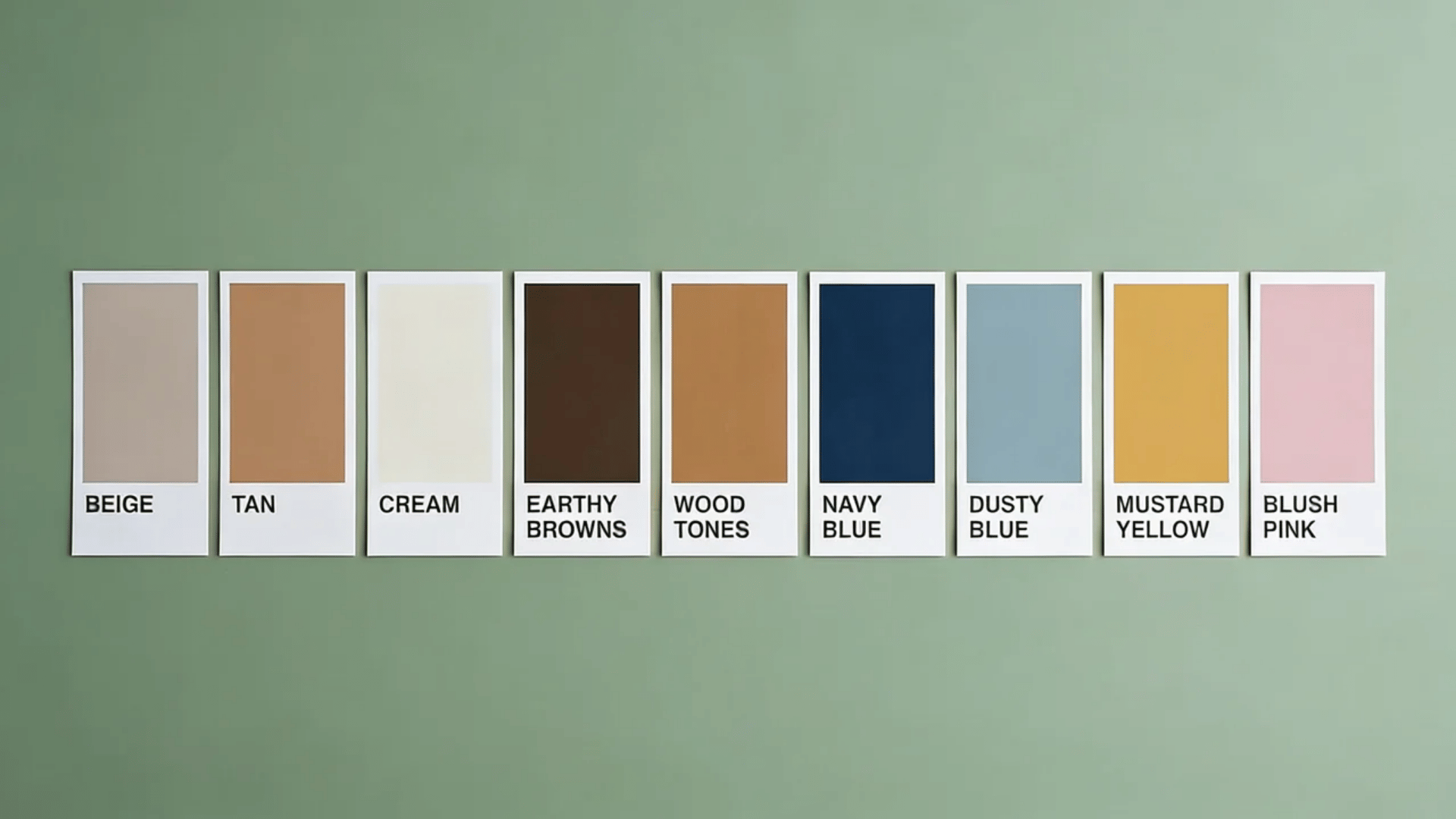 Pantone color cards arranged in a row, displaying Beige, Tan, Cream, Earthy Browns, Wood Tones, Navy Blue, Dusty Blue, Mustard Yellow, and Blush Pink. (2)