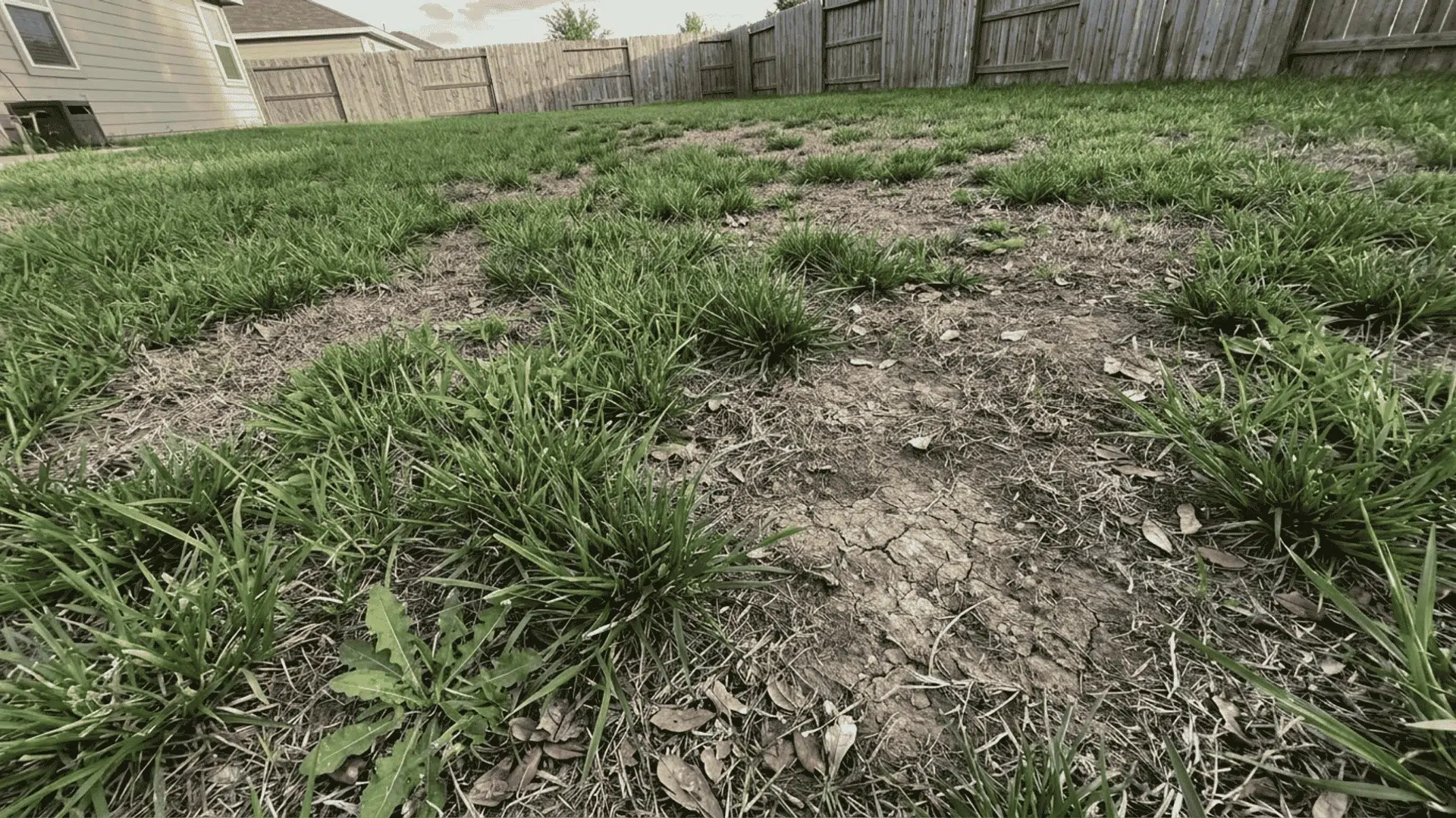 Patchy lawn with uneven grass growth and weeds growing in bare soil areas