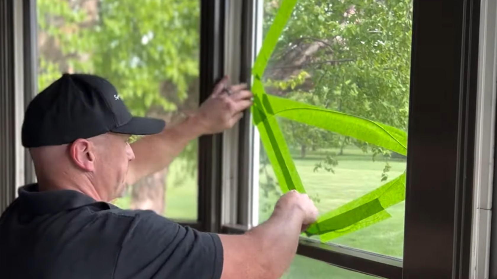 Person applying green painter’s tape in an X pattern across a window pane indoors