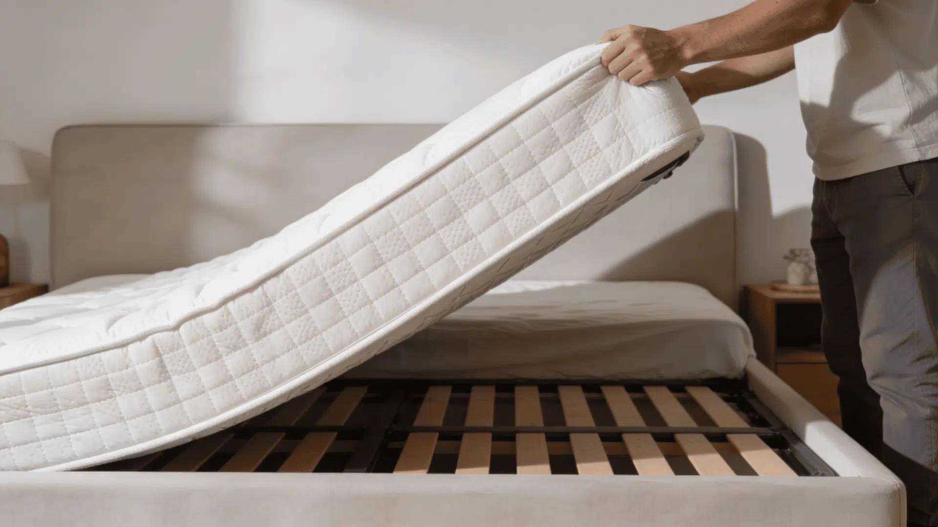 Person flipping a mattress on a plain bed frame in a neutral bedroom