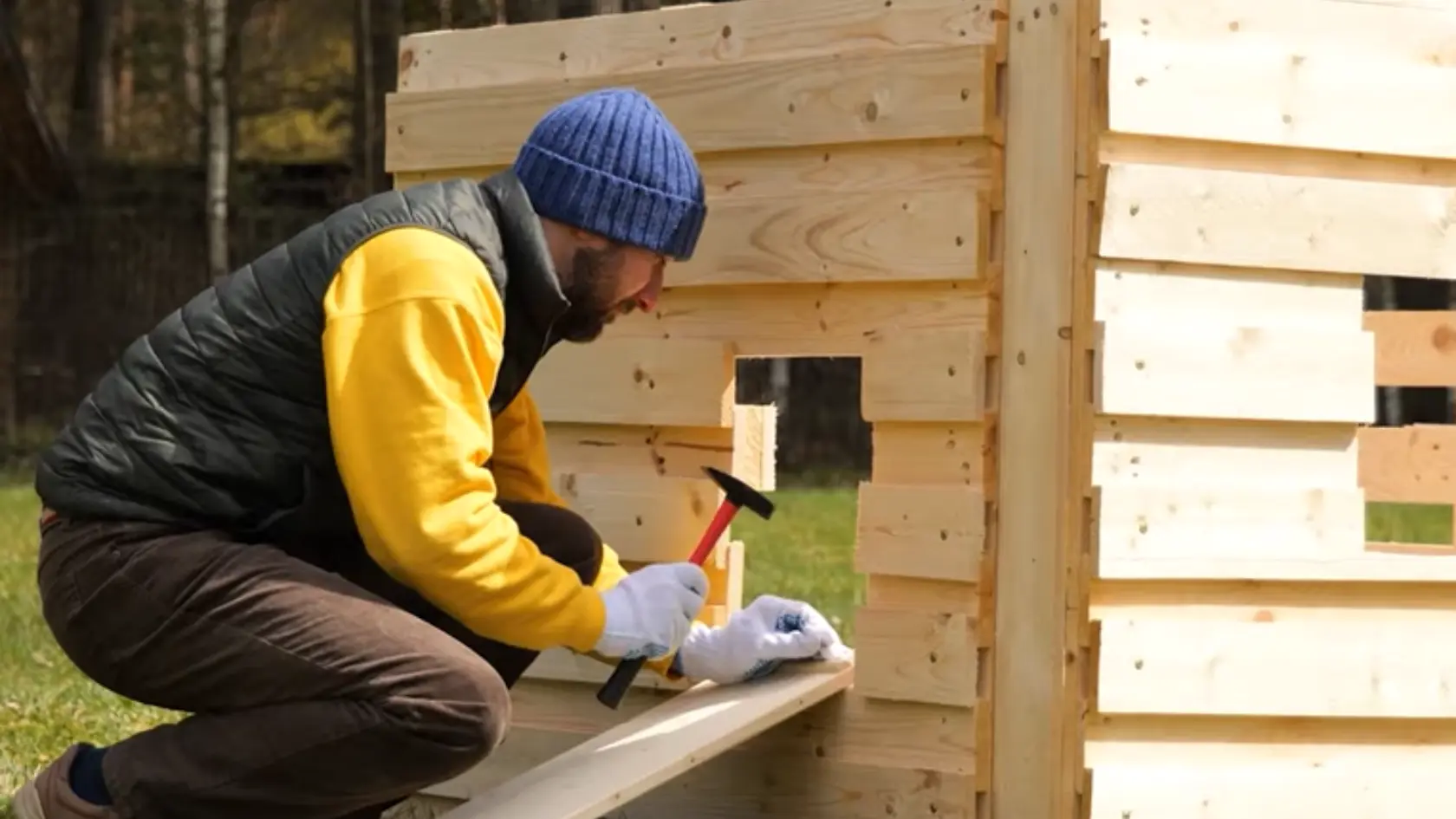 Person hammering a wooden plank onto a pallet structure with a small square opening outdoors