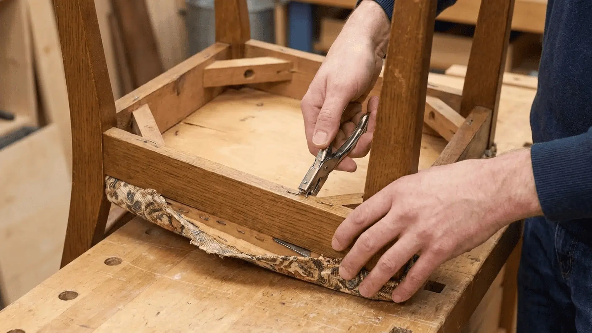 Person using pliers to remove staples from the underside of a wooden chair seat while stripping old upholstery fabric.
