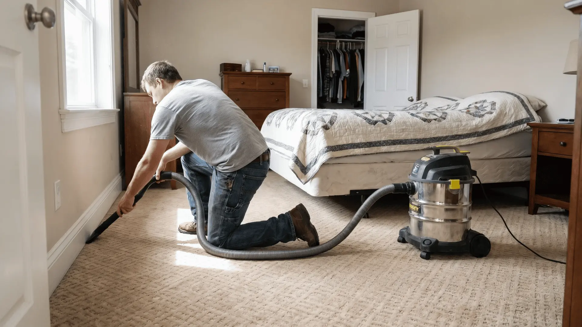 Person vacuuming carpet edges and under furniture in a bedroom for deep cleaning