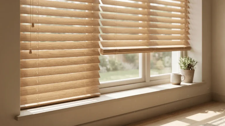 Photorealistic image of Venetian blinds with wooden slats, aligned flat in a well-lit room, showcasing their clean and neat appearance.