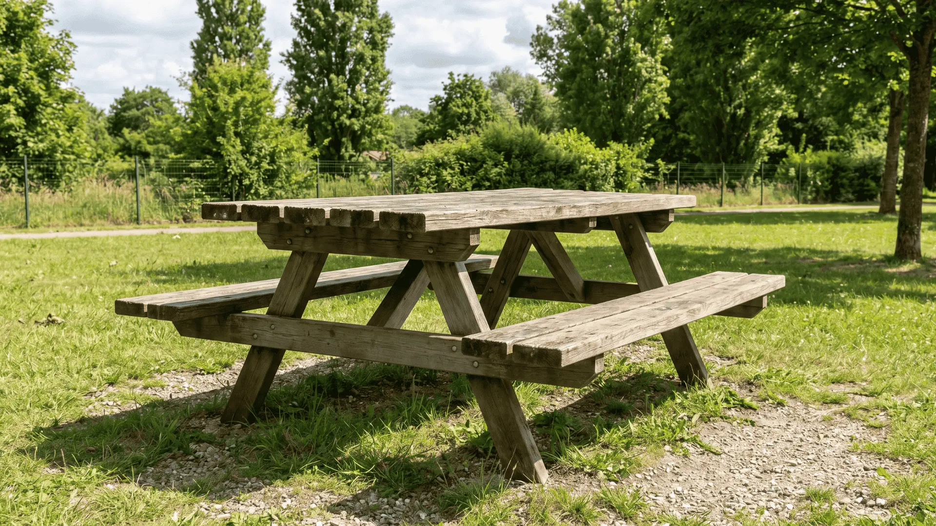 Picnic table with attached benches placed outdoors