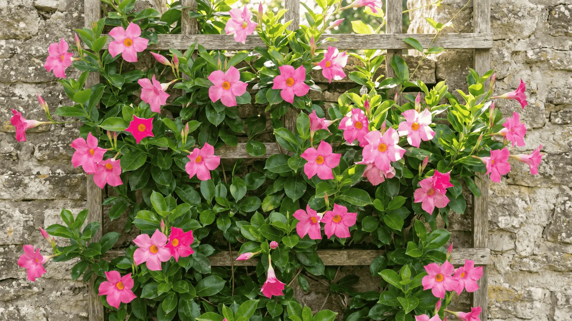 Pink mandevilla flowers climbing on a support with green leaves