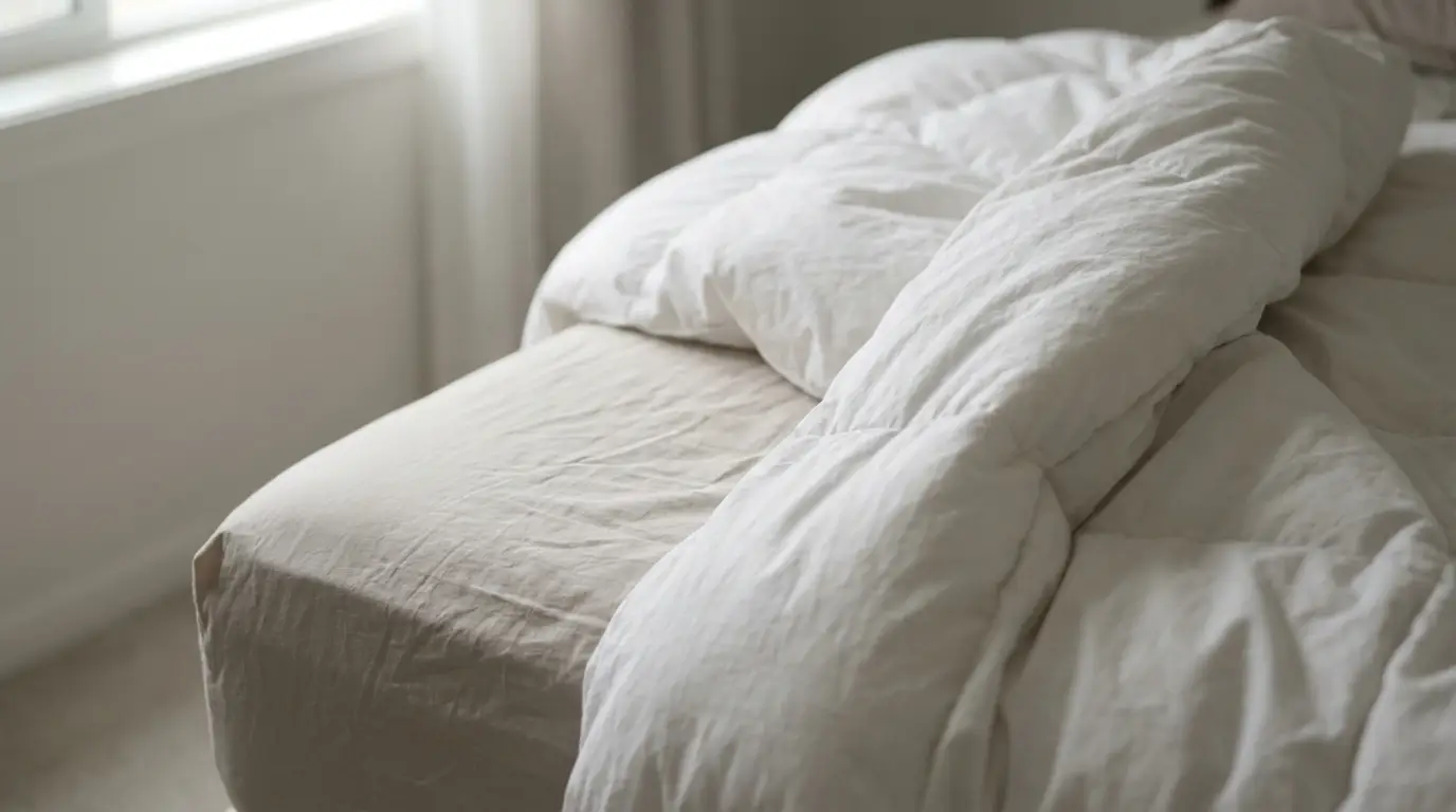 Unmade bed with wrinkled white duvet in softly lit bedroom
