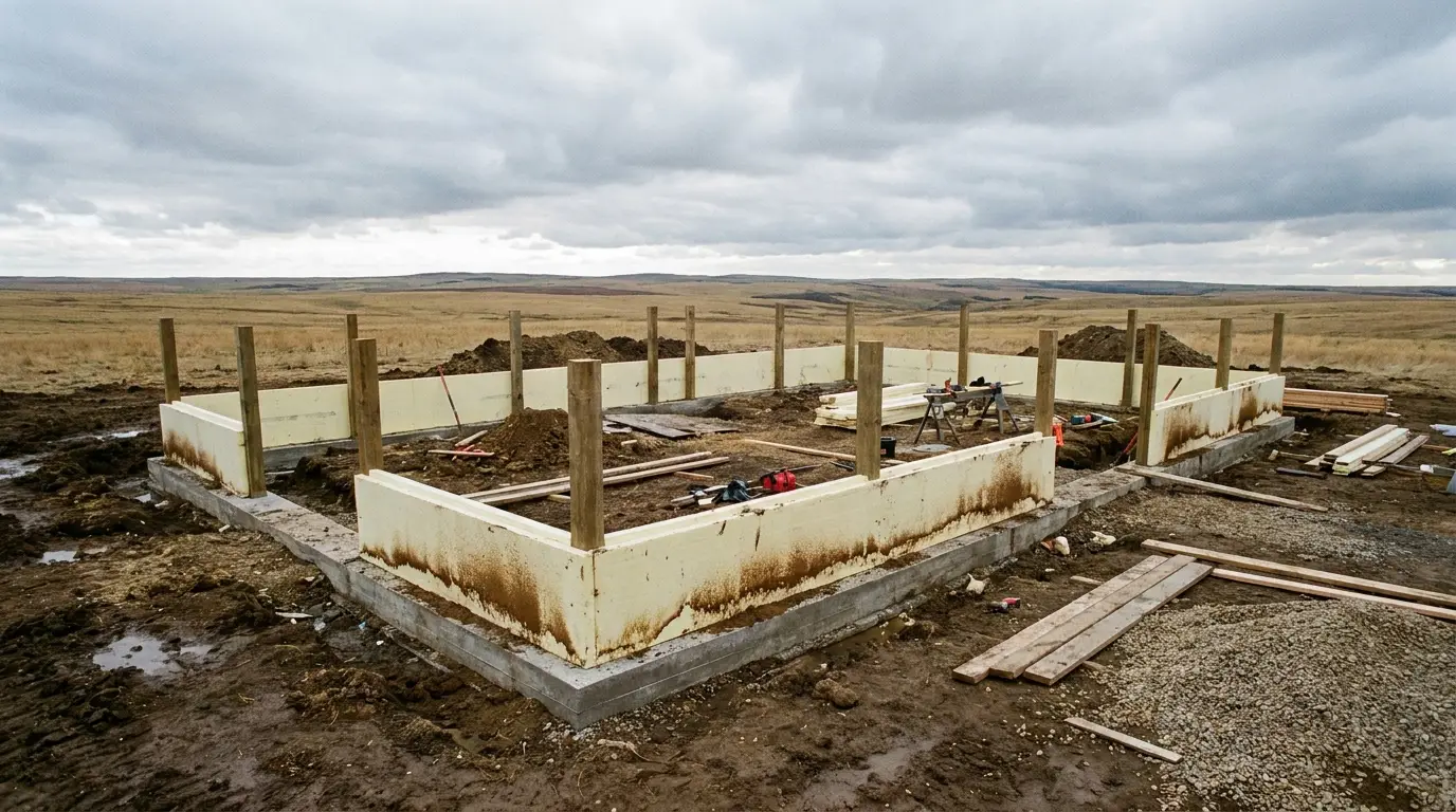 Rectangular building foundation with wooden posts in open field under cloudy sky