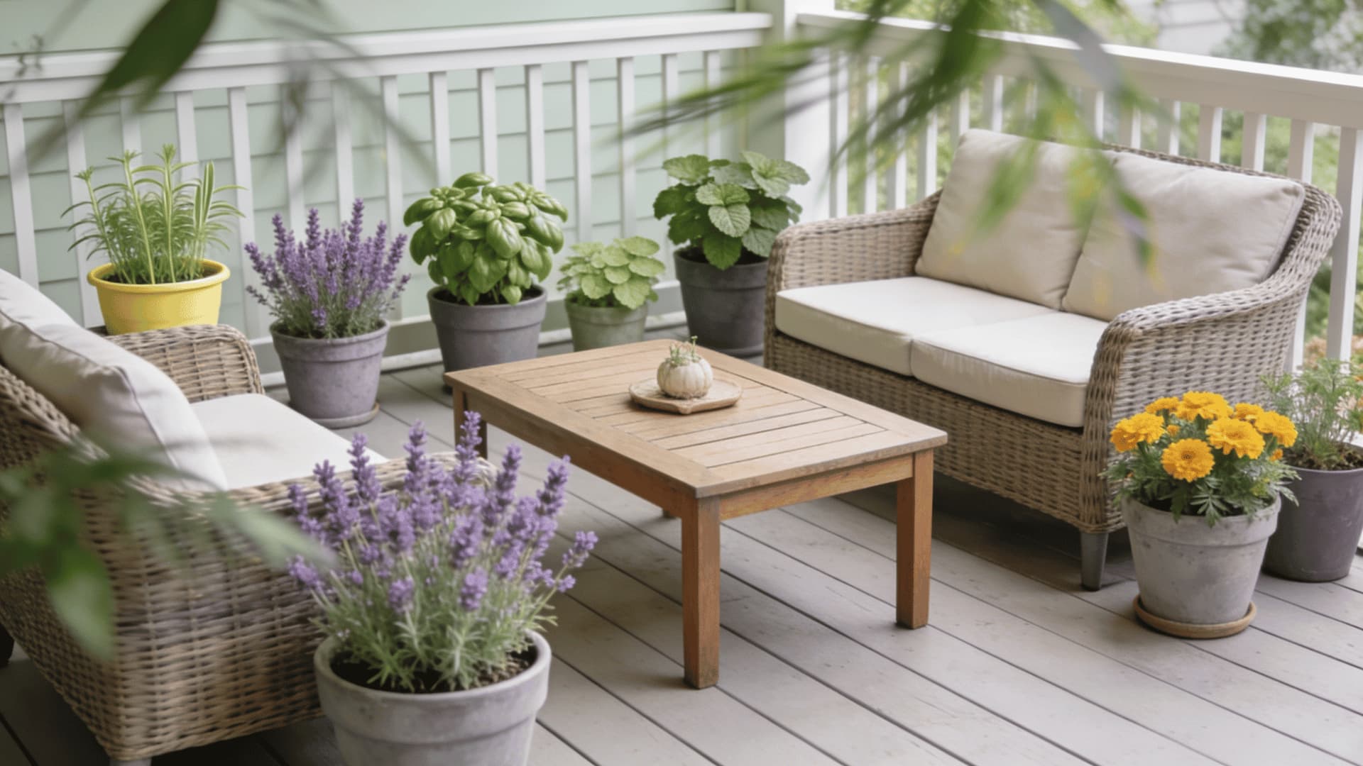 Potted bug-repelling plants placed around an outdoor patio seating area (1)