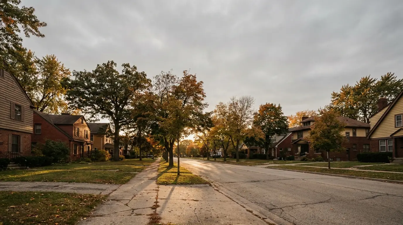 Quiet suburban street lined with autumn trees and brick houses under overcast sky