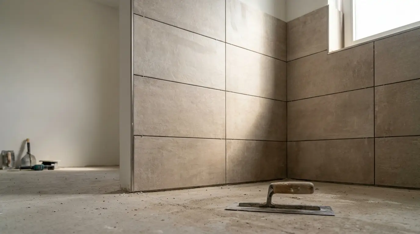 Tiling trowel on unfinished floor in sunlit room with beige tiled walls