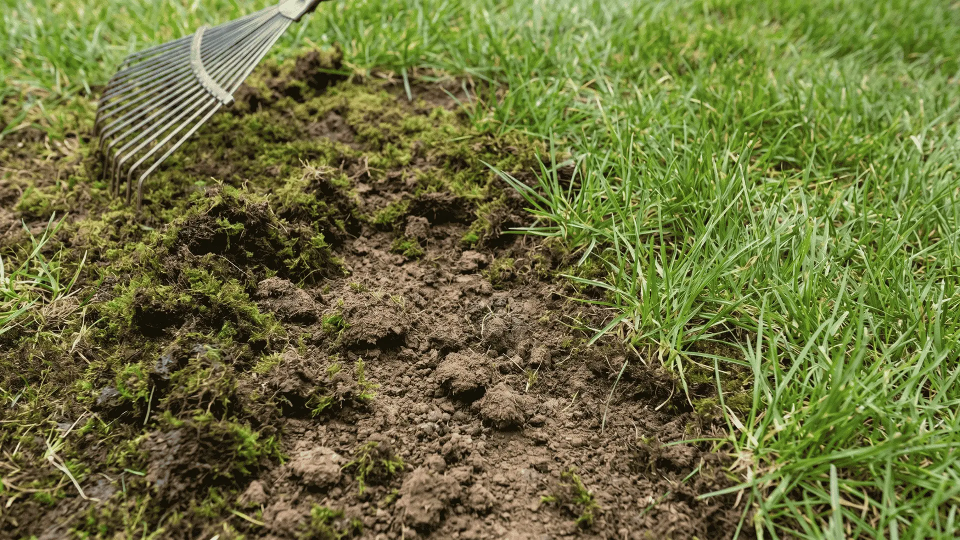 Rake removing dead moss from lawn surface with grass underneath