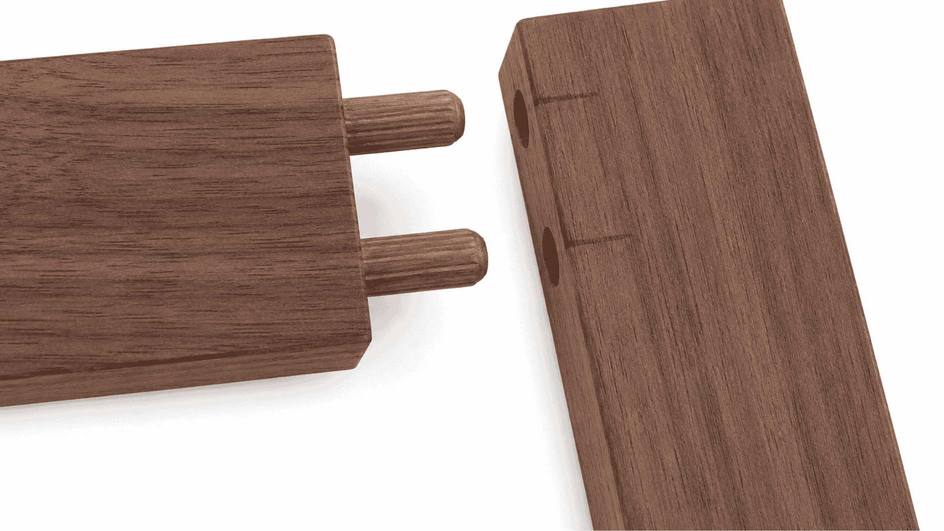 realistic dowel joint with dark walnut wood pieces and visible wooden dowel pins on a white background.