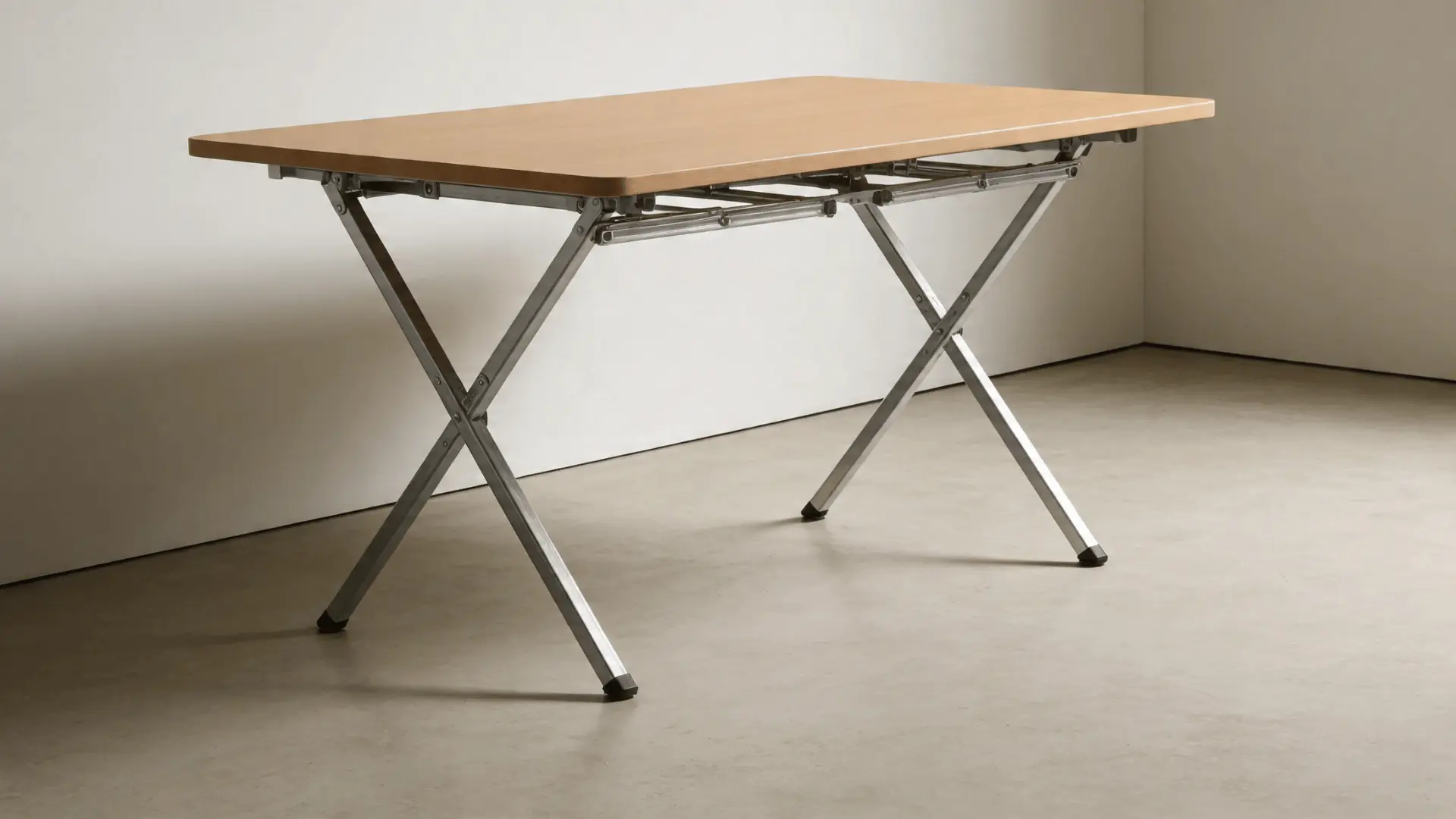Rectangular folding table with legs partially folded showing hinge mechanism underneath