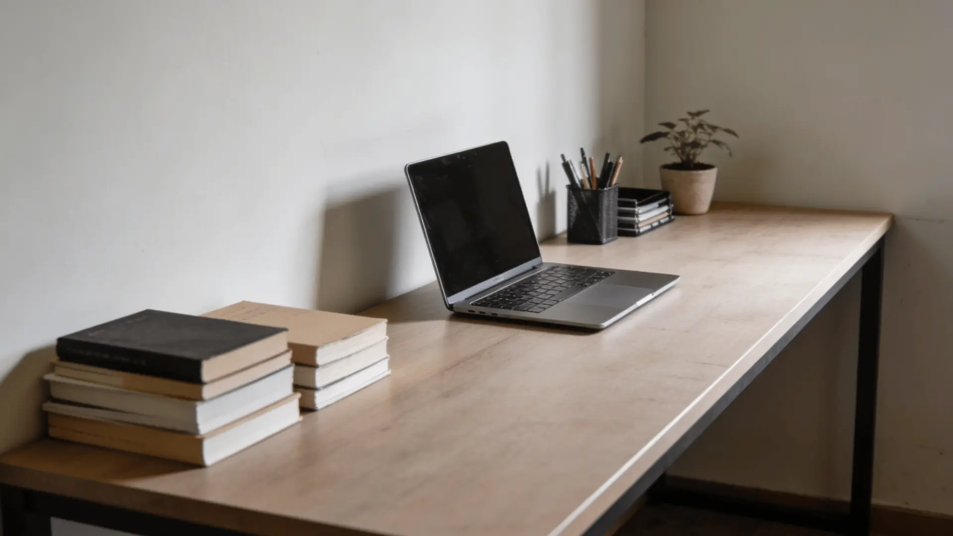 rectangular table used as a workspace with laptop and books arranged on surface